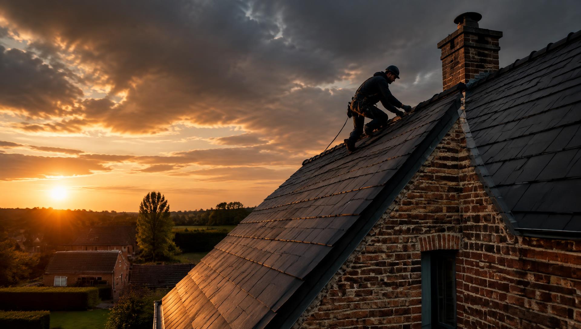 Dakwerker plaatst leien op een hellend dak bij zonsondergang